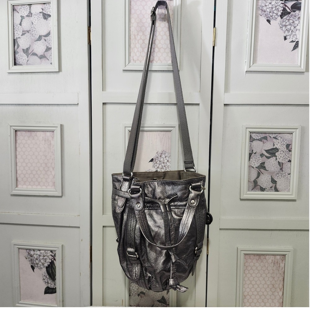 The Sak Kedzie Metallic Pewter Leather Drawstring Bucket Shoulder Bag Hobo